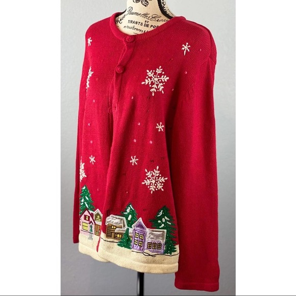 Holiday Editions Christmas Cardigan w/ Snowflakes & Town embroidery - size Large - Picture 2 of 7